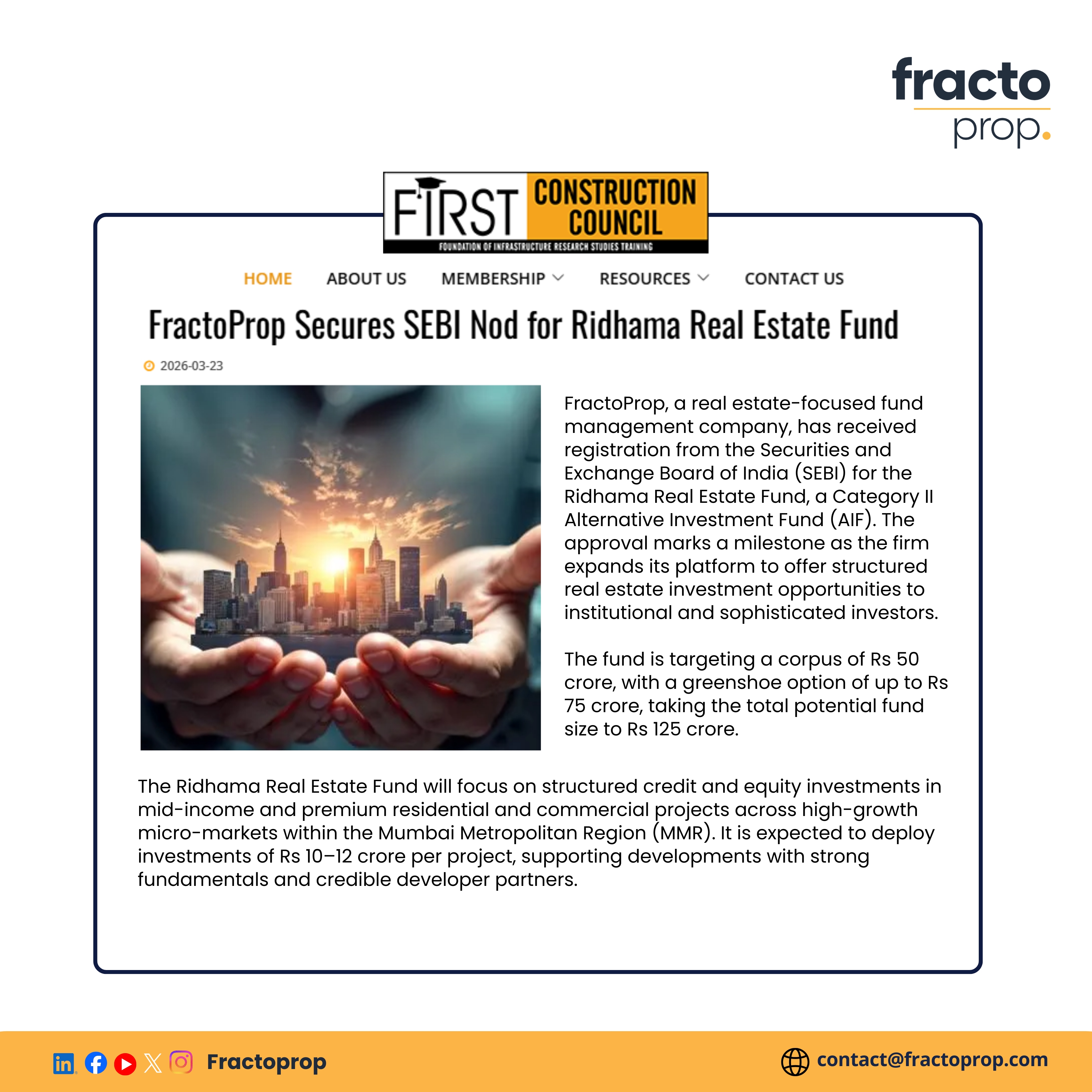 FractoProp receives SEBI registration for Ridhama Real Estate Fund - Realty & More